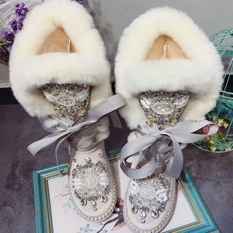 New Handmade Custom Real Fur Warm Snow Boots Pearl Rhinestone Ankle Boots Women Winter Shoes Women Non-Slip Botas de mujer