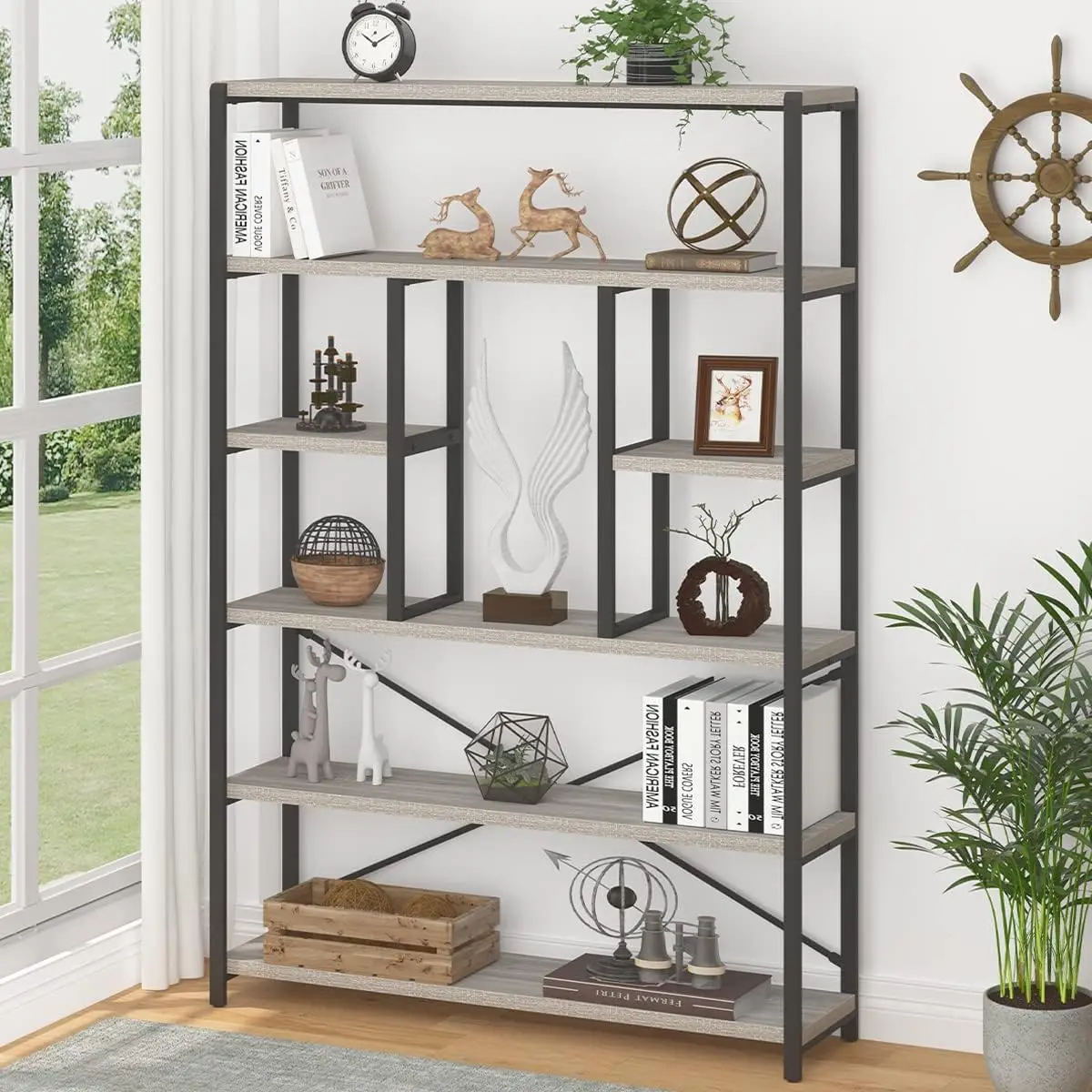 

LVB Industrial 6 Tier Bookshelf, Large Tall Open Rustic Vintage Etagere Bookcase, Gray Big Wide Modern Farmhouse Wood and Metal