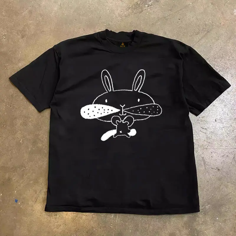 Cute Bunny Funny Mouse T Shirt Summer Unisex Men Women Hand Drawn Sketch Streetwear Matching Couple Tee Tops
