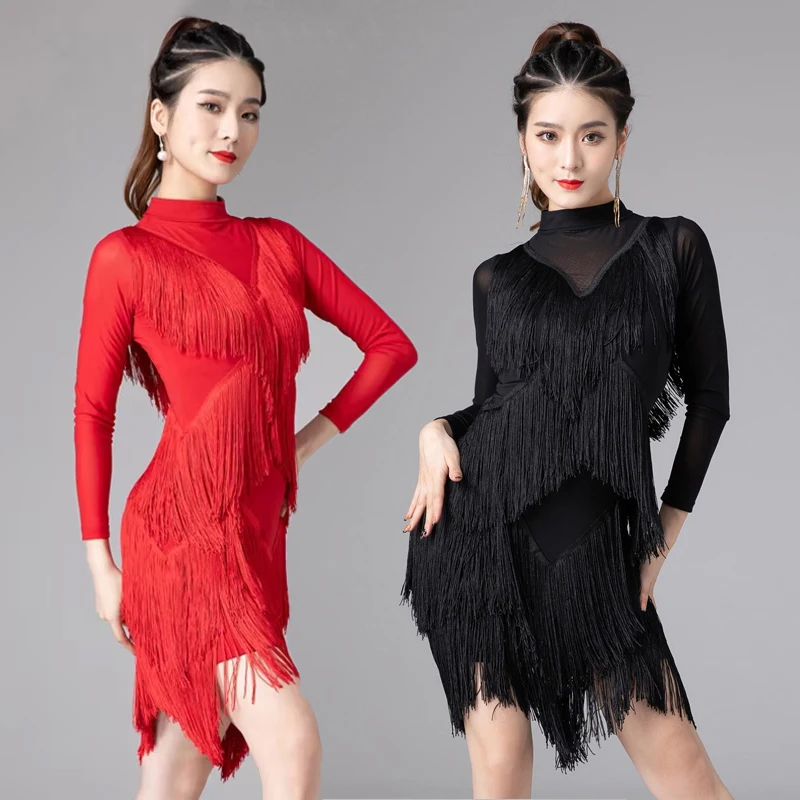 

Red Fringe Latin Dance Dresess Long Sleeve Performance Costume Women Cha Cha Samba Stage Clothes Latin Competition Dress VDL2209