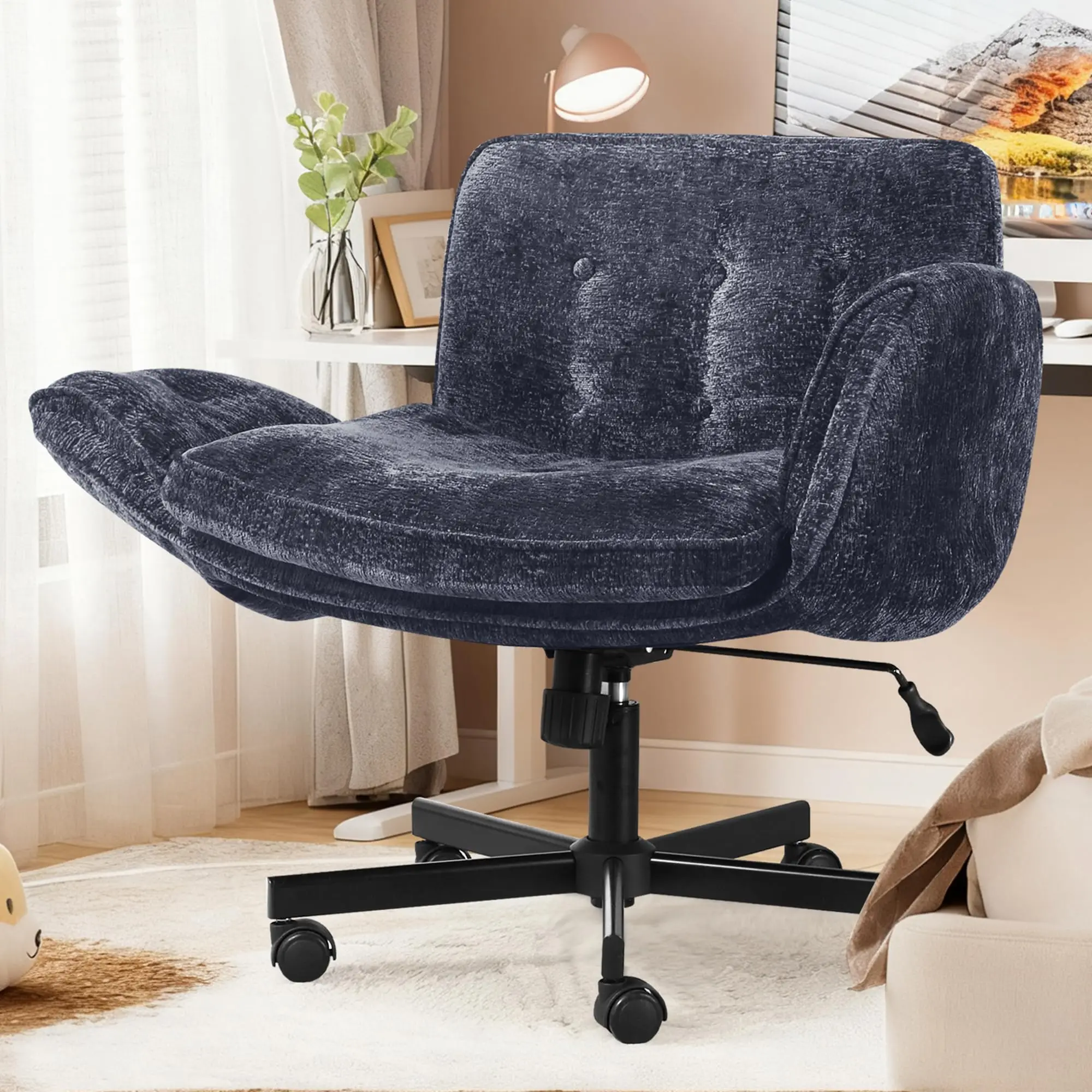 Criss Cross Chair with Wheels & Arms, Chenille Cross Legged Office Chair with 5-level Folding Armrest, Comfortable