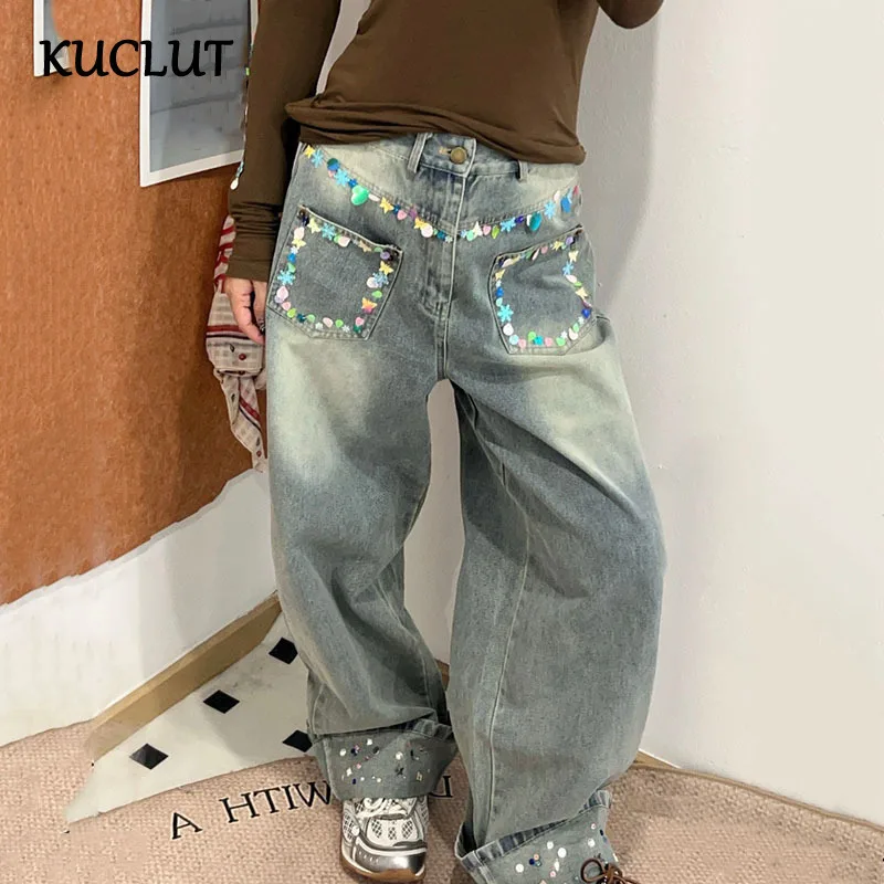 

KUCLUT Fashion Vintage Sequins Spliced Gradient Jeans For Women High Waist Straight Wide-leg Denim Pants Female Trendy 1A360