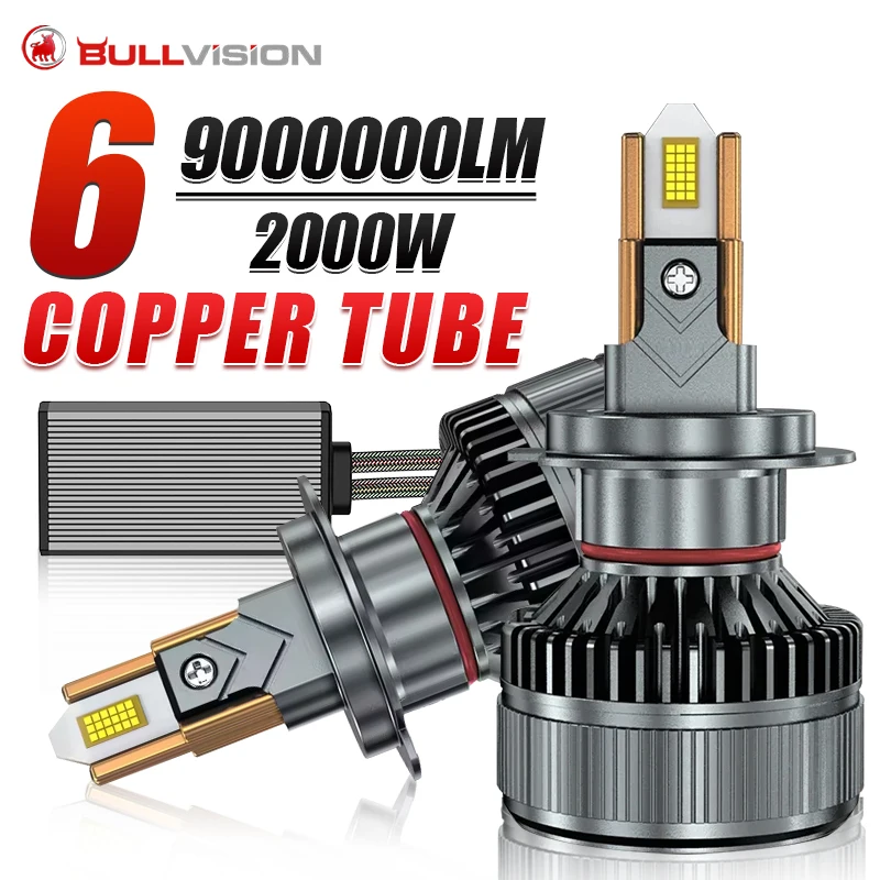 

Автомобильные светодиодные фары Bullvision H4 H7 Canbus с 6 медными трубками, 6000K, LED H1 H8 H11 HB3 9005 HB4 9006 9012, 12В 24В, противотуманные фары для автомобилей