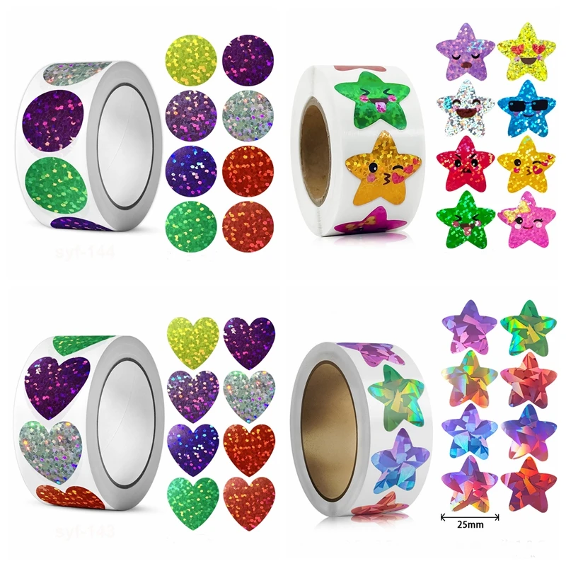 500 uds/rollo de pegatinas de estrellas brillantes para niños, pegatina de recompensa, regalo, decoración de fiesta, etiqueta para pequeñas empresas, pegatinas para álbum de recortes