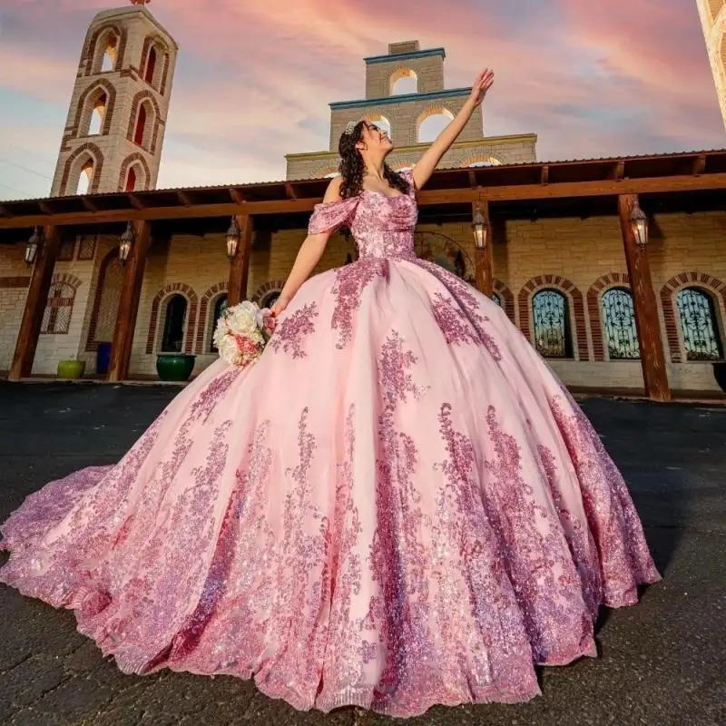 

Customized Pink Quinceanera Dress Ball Gown Shiny Applique Sequins Mexico Corset Sweet 16 Vestido De 15 Anos