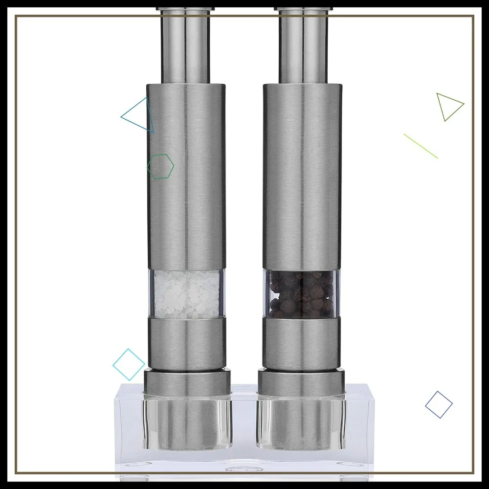

Refillable Salt and Pepper Grinder Set with Stand, One-Hand Operation, Stainless Steel Design