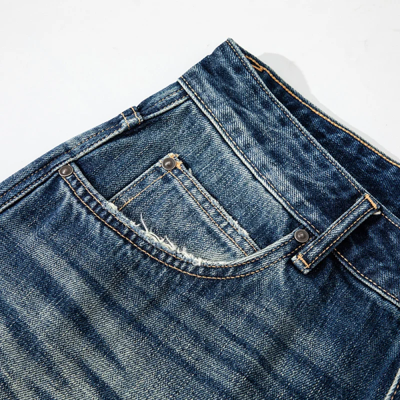 QICHE Men 14OZ Slub Denim Jeans Curved Straight‑Leg Cat‑Whisker Crinkle Washed‑Distressed Autumn‑Winter Casual Trousers