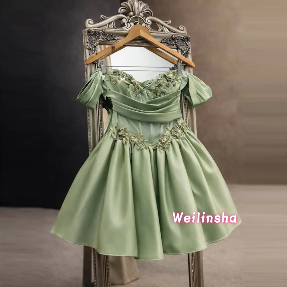 

Sage Green Short Prom Dress Off Shoulder Short A Line Evening Dresses Appliques Bakless Birthday Party Gown Customized