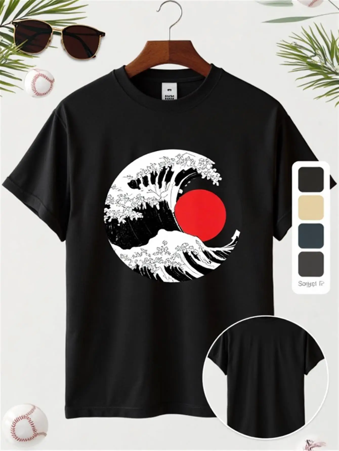 

Men's Japanese Wave Pattern T-Shirt, Black T-Shirt with Red Sunset Design, Soft and Breathable, Suitable for Everyday and Formal Wear, All-Season Casual Top, Ideal Halloween Birthday Gift for Men, Versatile Clothing, Artistic Design, Comfortable Fit, Shor