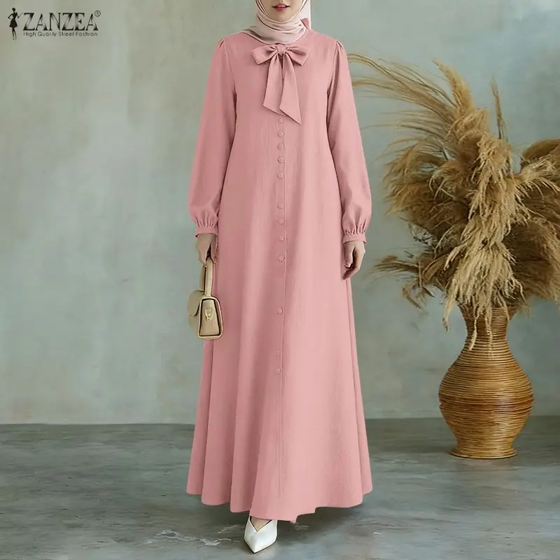 

ZANZEA Мусульманские скромные свободные длинные платья макси Хиджабы с бантом Детальный круглый вырез с длинным рукавом Повседневные халаты Абая Исламская одежда для Рамадана