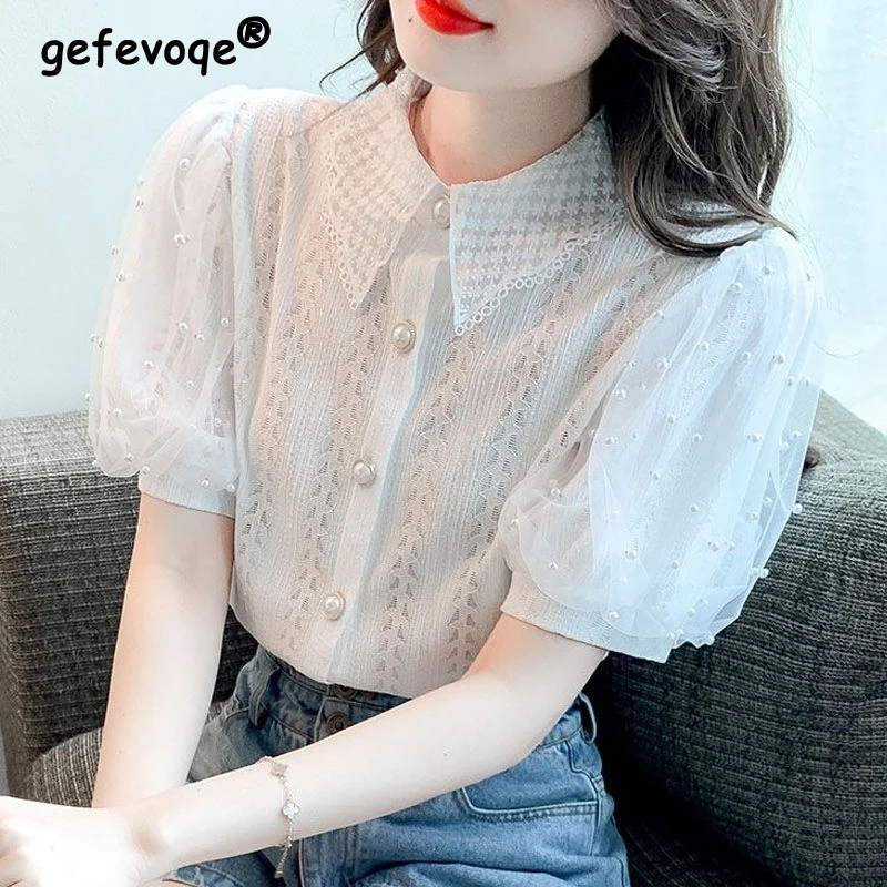 Womens Clothing Sexy Hollow Lace Mesh Beaded Chic Sweet Blouses Vintage Trendy Elegant Short Sleeve Button Shirts Y2K Fairy Tops