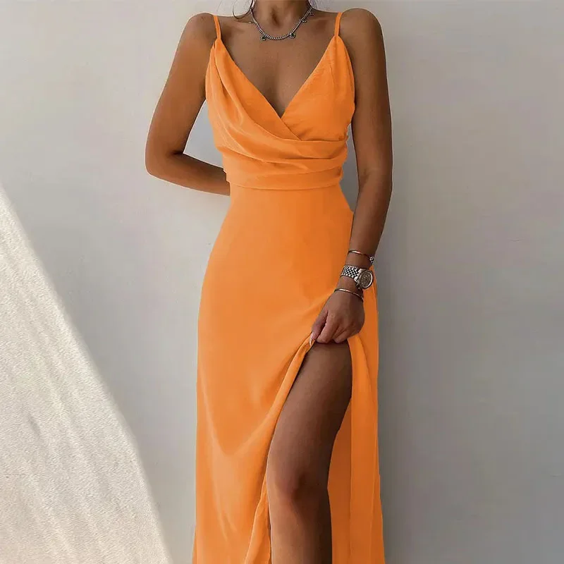 Women Print Camisole V Neck Sleeveless Dress A Line Long Dresses Spaghetti Strap Sexy Split Evening Skirt Prom Summer 2023