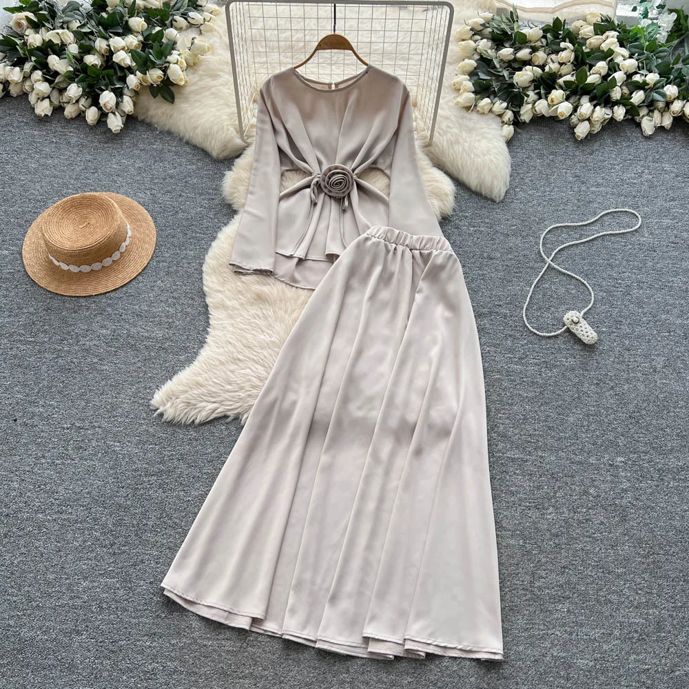 Женские комплекты из двух предметов Юбка Комплект с круглым вырезом и длинными рукавами Топы Длинные юбки A Line Высокая талия Y2k Уличная одежда Элегантная работа Осень