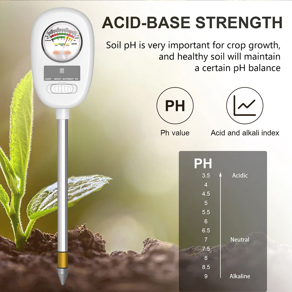 Valore del PH del suolo misuratore di nutrienti umido leggero per la coltivazione delle piante strumenti per il giardinaggio strumento di misurazione per piante in vaso da interno 4 in1