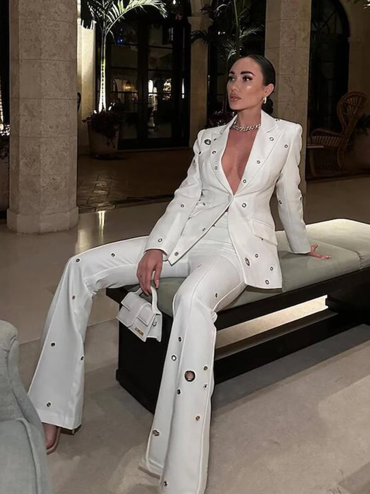 Runway Pantsuits for Women Newest Designer Fashion White Suit Set Wedding Single Button Rivet Eyelet Lapel Blazer Pants Set 2pcs