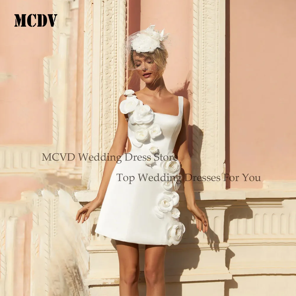 

MCDV Mini Wedding Dresses Flowers Detachable Train Backless Ivory Satin Bridal Dress Women Evening Wedding Prom Gowns Customized