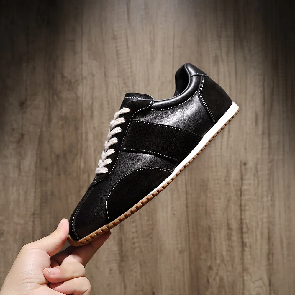 Trendy Men's Genuine Leather Retro German Trainer Shoes with Rubber Flat Soles Minimalist Street-Style Casual Sneakers