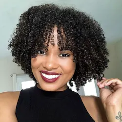 4A Afro Kinky Curly Wigs Human Hair Short Curly Human Hair Wig with Bangs Machine Made Short Kinky Curly Wigs for Black Women