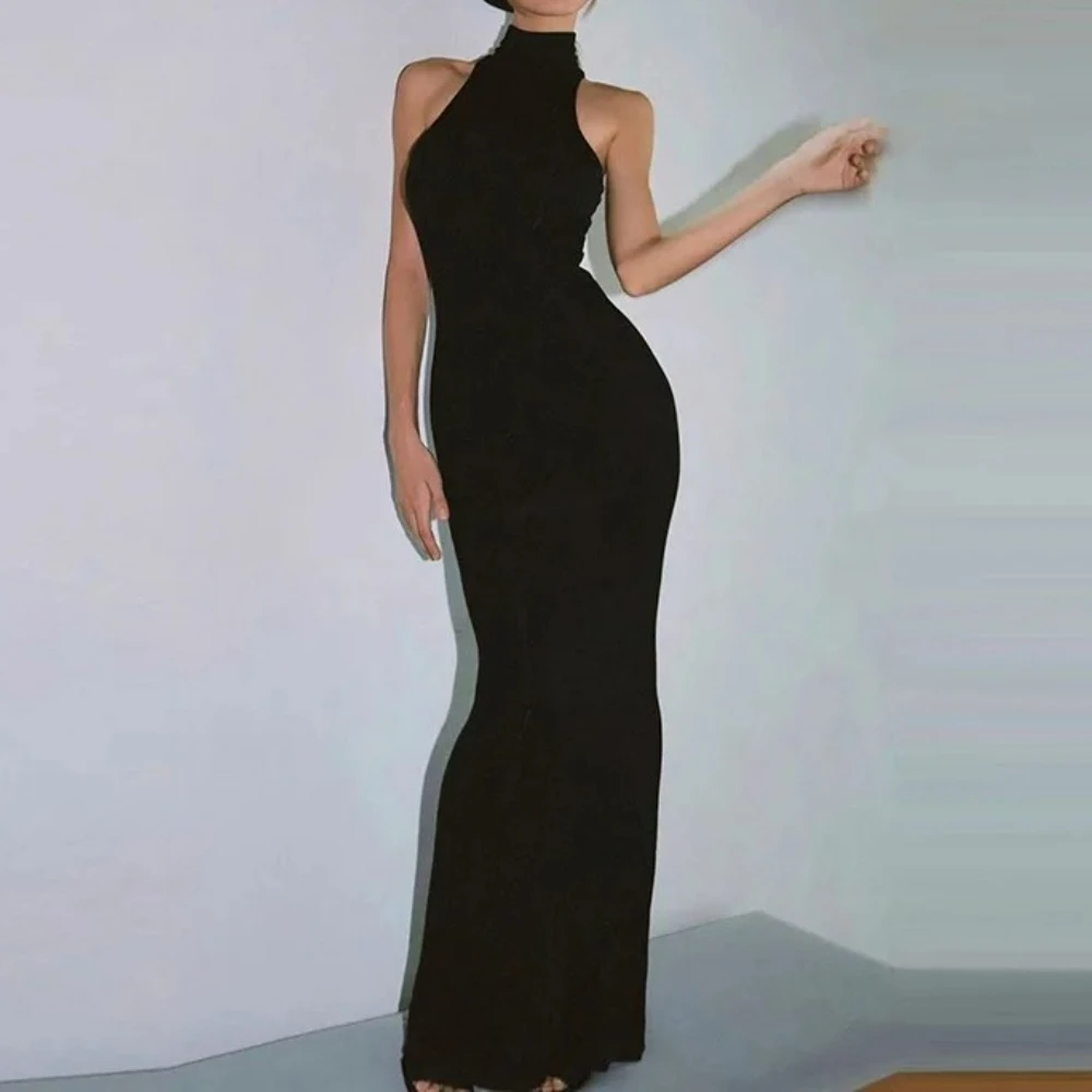 Mode mince moulante Robe Maxi élégant col roulé sans manches pêche hanches robes décontractées femmes noir Banquet fête longue Robe