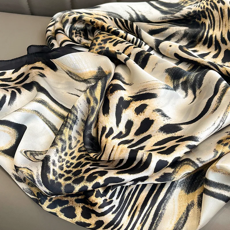 2023 Autumn Winter Fashion Leopard Print Silk Scarf Women Beach Long Sunscreen Large Size Scarf Outdoor Soft Shawl Lady 180*90cm