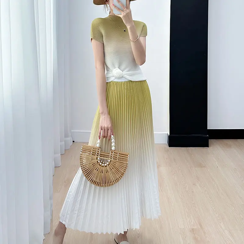 Ladies Short Sleeve Suit Pleated Skirts Color Blocking Clothing Trend  Maxi Dresses Clothing Sales Pleats Summer New Tops
