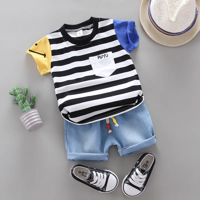 Korean Version Baby  Short-Sleeved Clothing Suits Summer Cotton Children\'s T-Shirt + Denim Shorts Sets Handsome