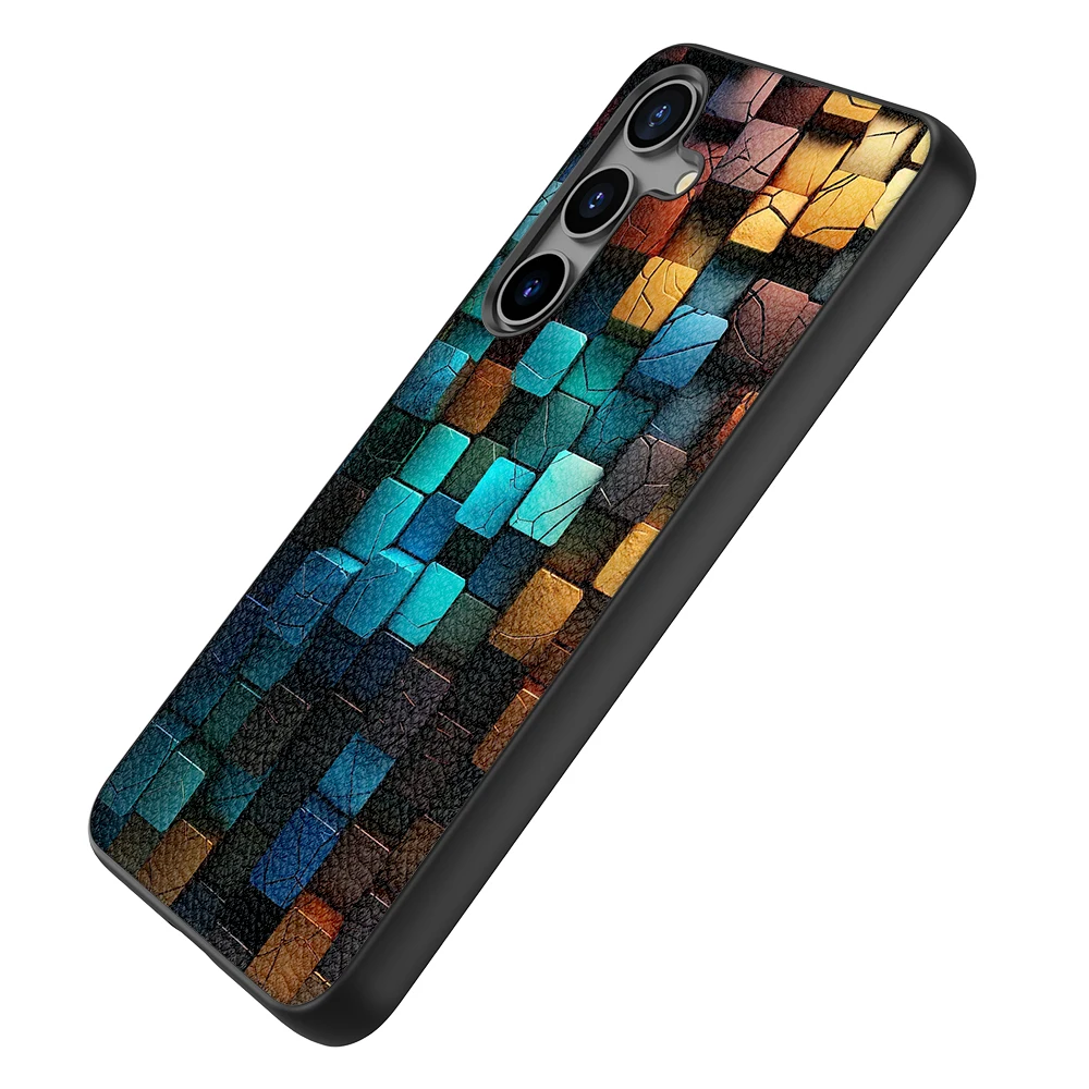 Back Cover Leather Case for Samsung Galaxy S20 S21 S22 S23 S24 Plus Ultra FE Fan Edition 5G with Colorful Block Piled Image Draw