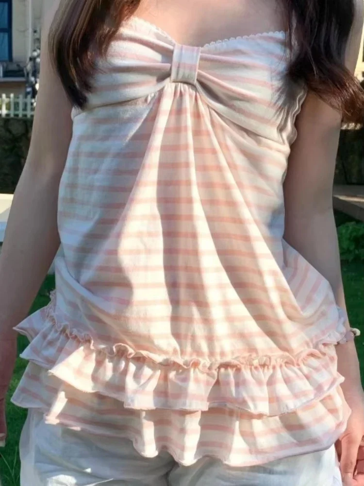 سترة يابانية حلوة ملابس نسائية عتيقة مخططة بدون أكمام تي شيرت موضة الصيف كاميس الكشكشة سليم صالح خمر تانك Ropa Mujer #2