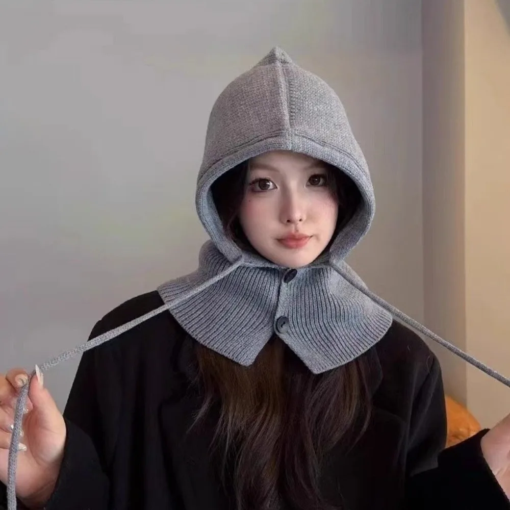 Neues warmes Strickschal- und Mützen-Set, winddicht, thermisch integrierter Schal, Kordelzug, Wintermütze