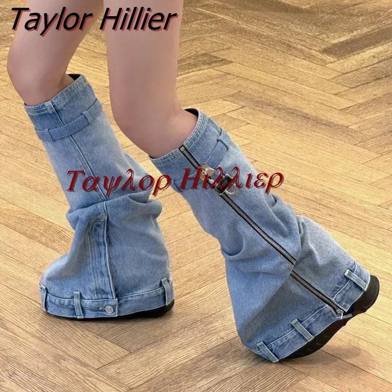 

Thick Soled Denim Metal Padlock Sleeve Boots With High Slope Heel Shark Boots Fashion Show Large Women'S Shoes Winter Autumn