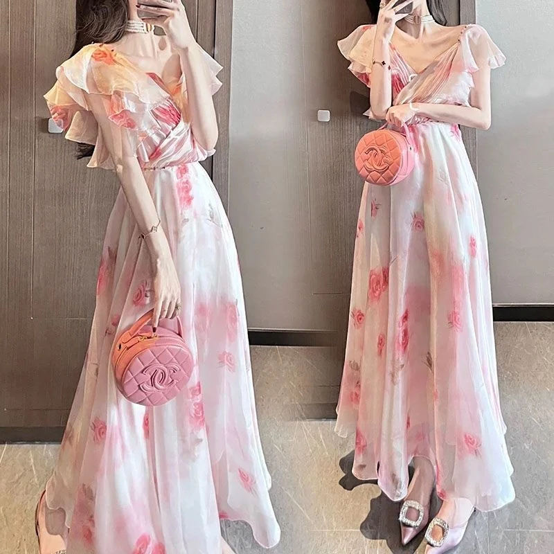 

Dress Women's 2023 Summer New Celebrity Style Tea Break French Luxury Fragmented Flower Waist Show Slender Skirt Fashion Elegant