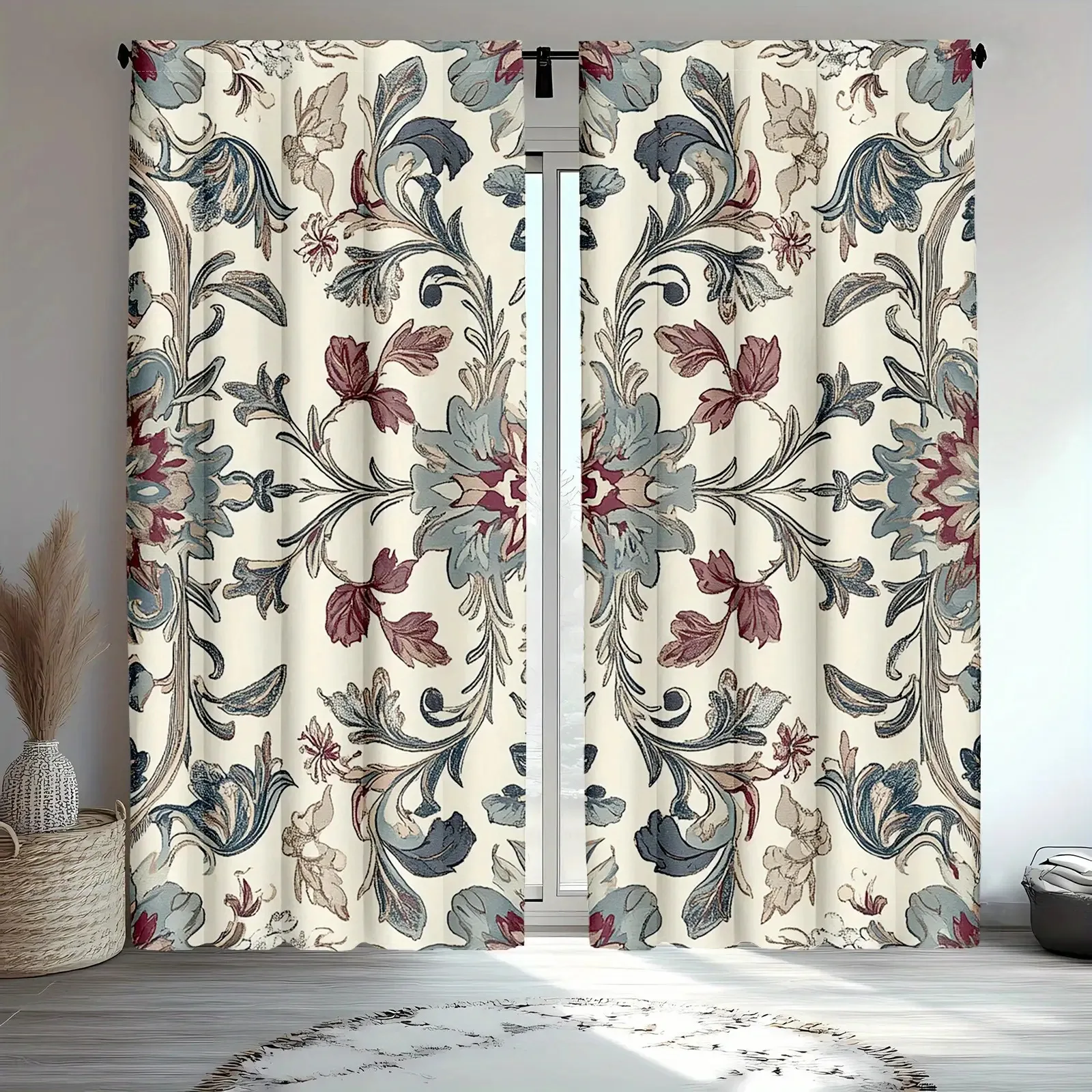 Elegant Floral Damask Curtains Pair Beige Window Curtains for Living Room Bedroom Luxury Home Decor Neutral Style Curtain Set
