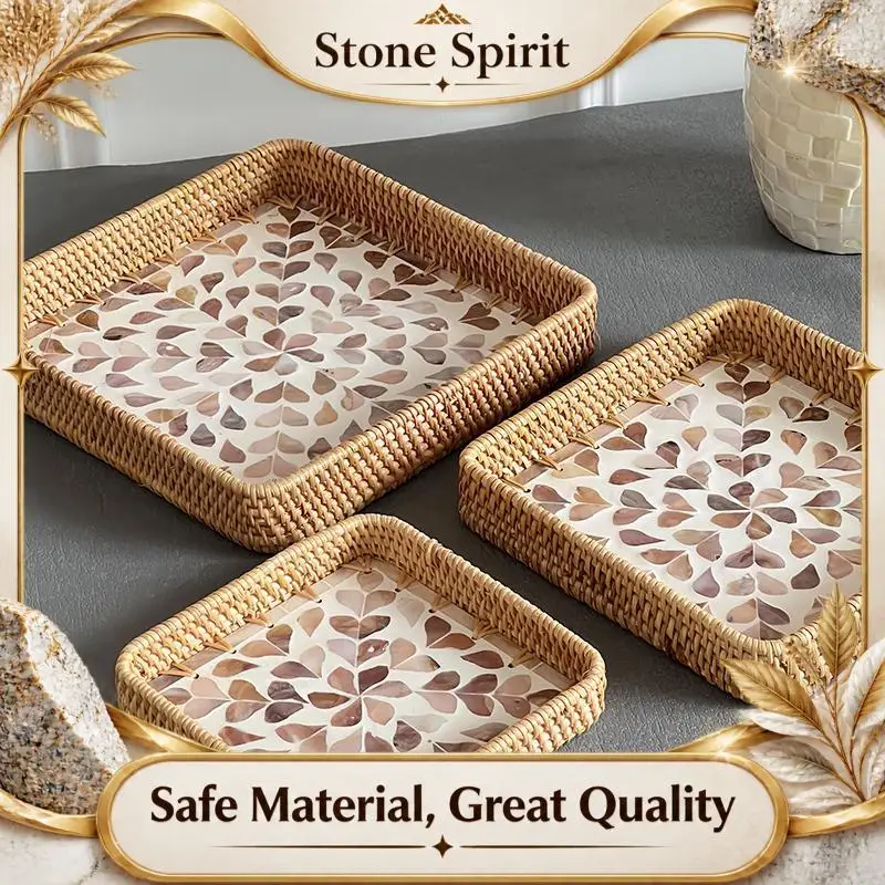 Retro Handwoven Rattan Seashell Tray, Natural Fruit Basket & Dessert Organizer for Living Room Snack, Boho Bread Serving Plate