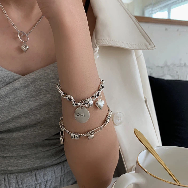 925 Sterling Silver Thai Silver Bracelet for Women Vintage Geometric Heart Love Lucky Punk Jewelry 2026 New Party Birthday Gift