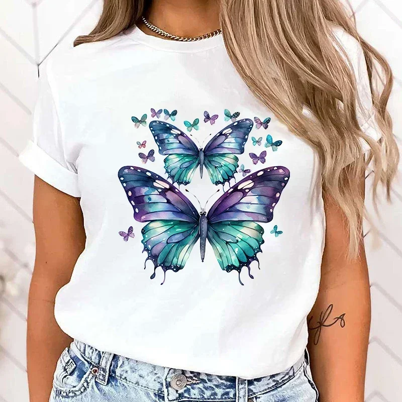 

2024 High Quality Clothes Funny Butterfly Letter Printed T-Shirts For Women Summer Short Sleeve Round Neck Cute Butterfly Loose