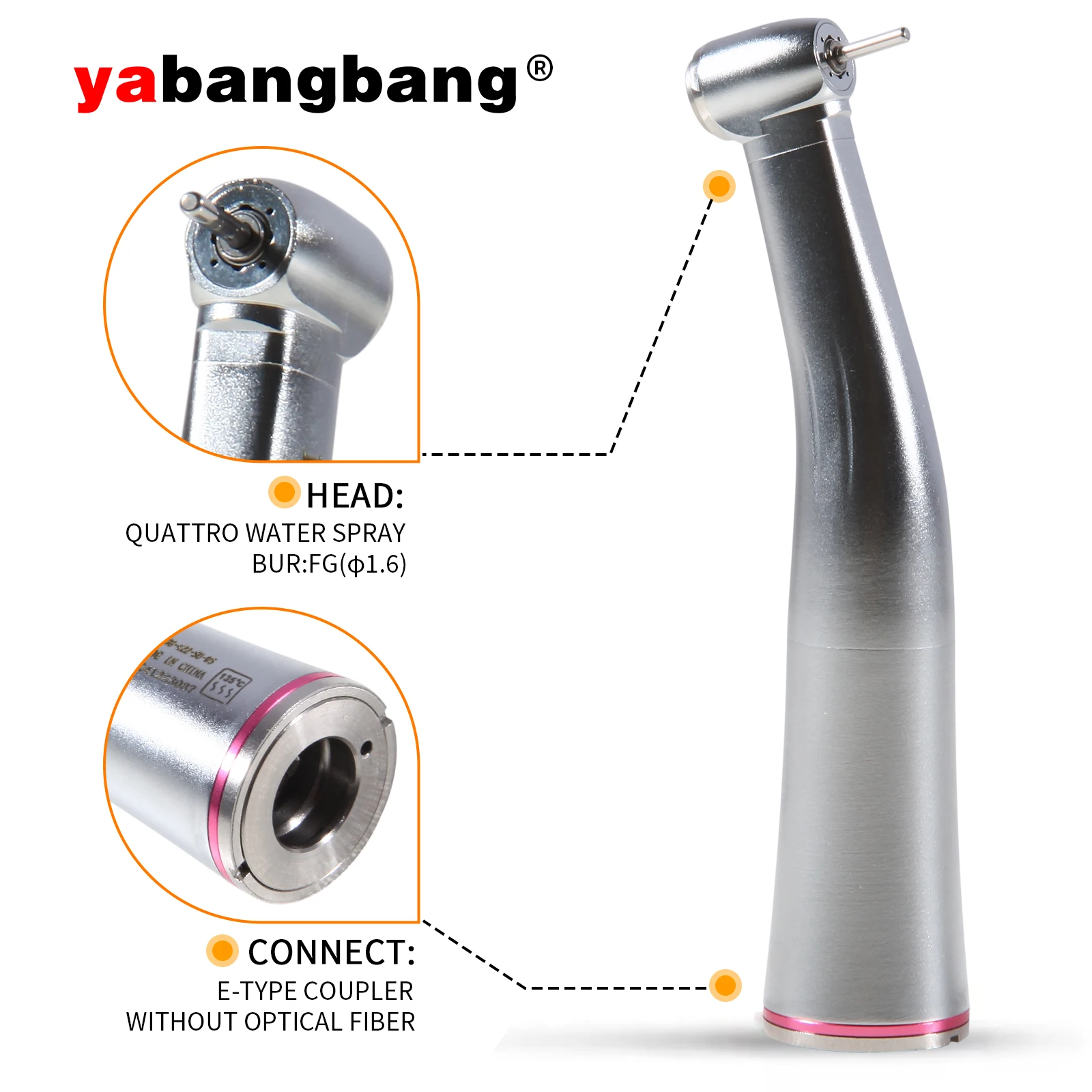 

Dental NSK Style 1:5 Increasing Electric Contra Angle Push Button Stainless Handpiece 4 Spray fit FG1.60mm bur