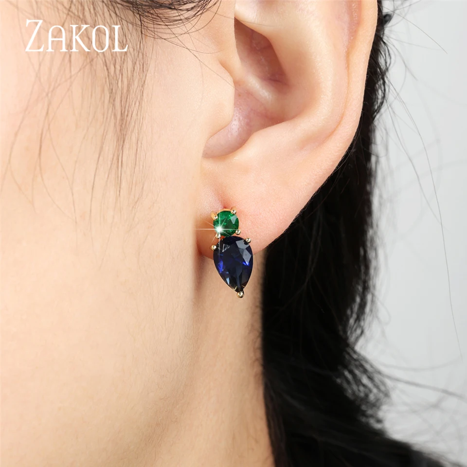 ZAKOL Fashion Mutilcolor Water Drop Zircon Stud Earrings for Women Blue Green Cubic Zirconia Earring Wedding Party Jewelry