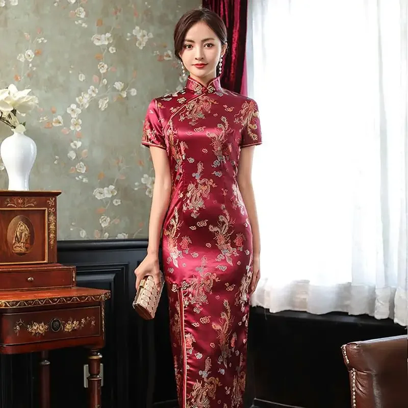 

Elegant New Brocade Satin Long Fork Cheongsam Chinese Style Classic Women's Qipao Short Sleeve Sexy Party Dress S-4XL