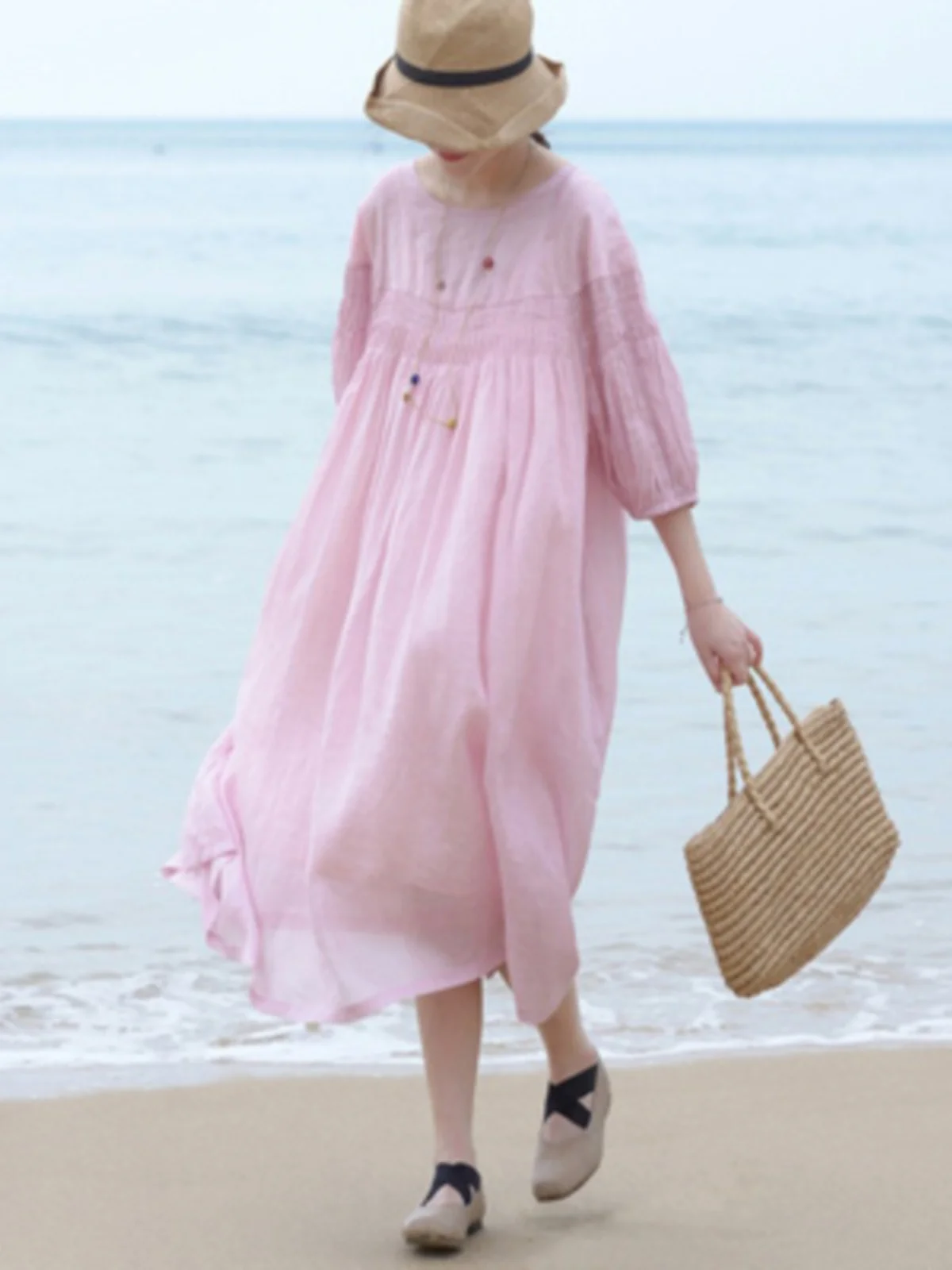 صيف جديد Sle لون نقي سبعة أرباع Sve طويل Dr round Ne A-Line تنورة الشاطئ الأكورديون الطية تصميم Vaion S...