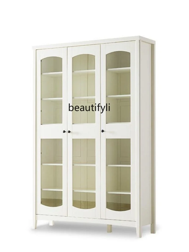 

American-Style Solid Wood Wine Cabinet French Storage Home Bookcase Glass Door Bookshelf Double-Door Bookcases