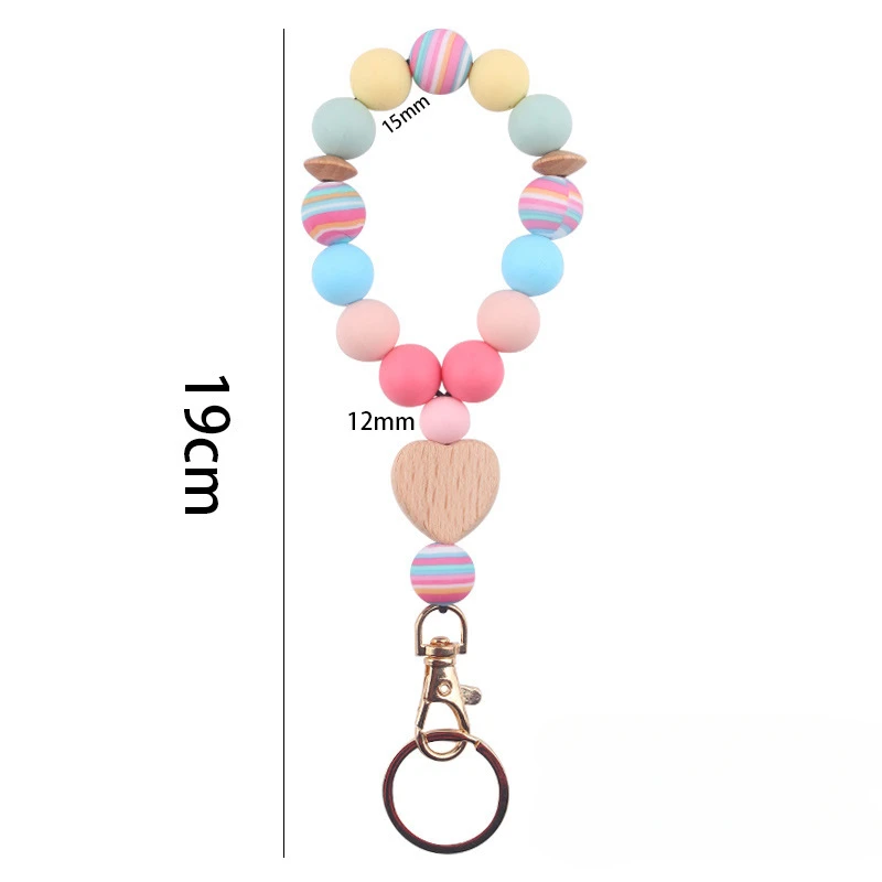 Porte-clés de Poignet en Bois de Silicone avec Nom Personnalisé Pendentif Gravé au Laser, Bracelet en Perles de Cœur en Bois de Hêtre