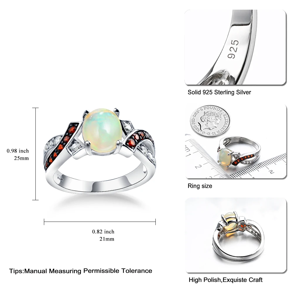 GZ ZONGFA Authentic 925 Sterling Silve Oval Ring for Women Natural Opal Garnet 1.3ct Gems Shiny Trendy Party Fine Jewelry