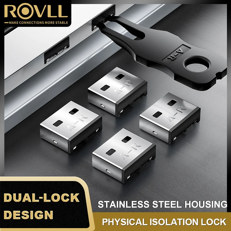 ROVLL USB-beveiligingsplug, afneembaar, van koolstofstaal, USB-stofplug, USB-poortblokker voor computers en laptops