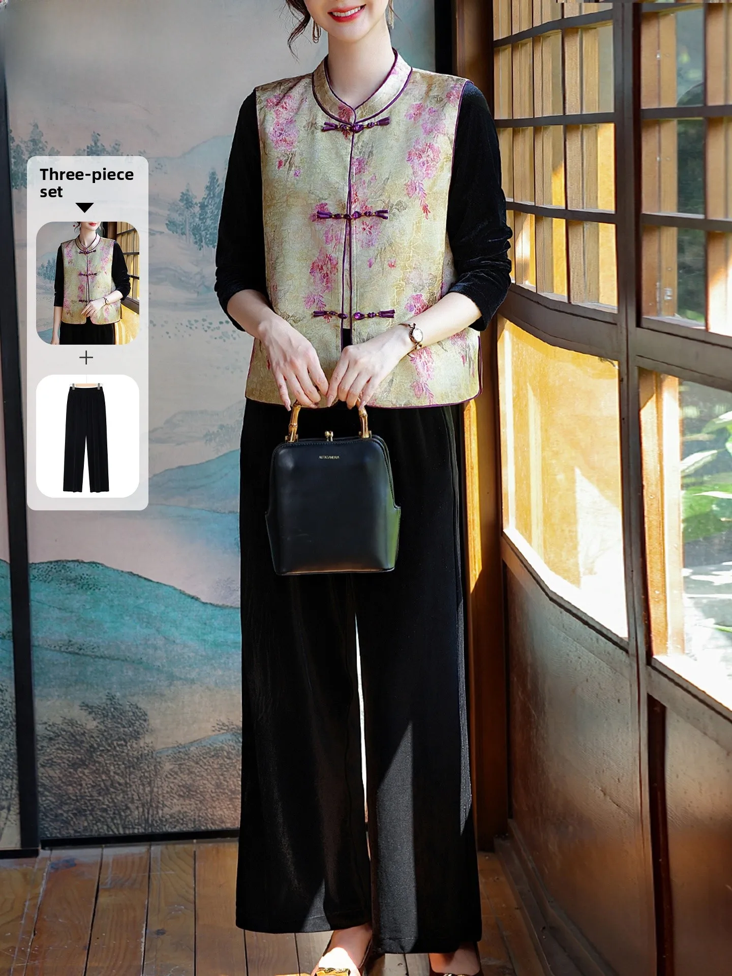 

New Chinese Sle Velvet Set for Mom Autumn Faion High End Women's Clothing Gold Velvet Outerwear Spring Autumn Coat