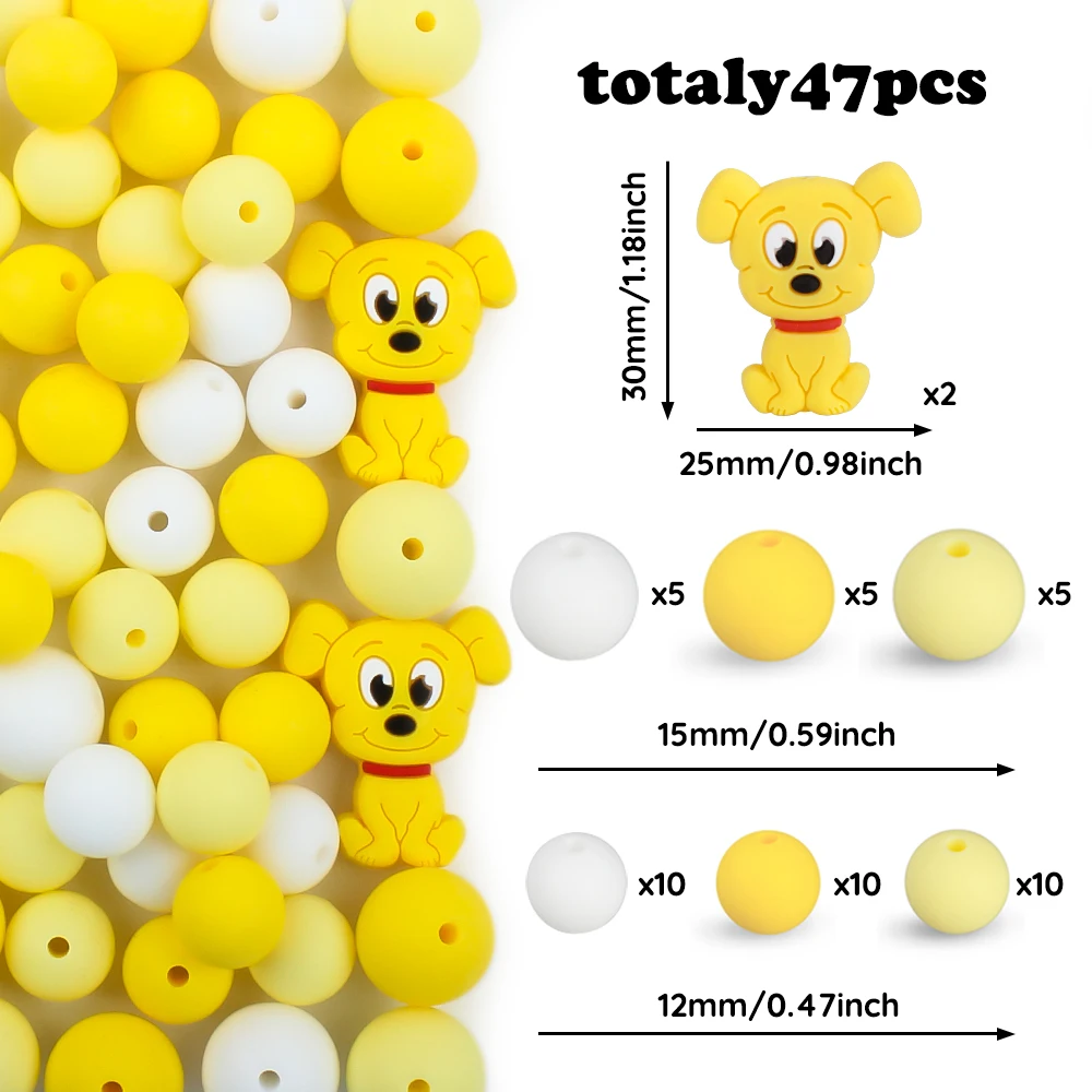 

47Pcs/Set Silicone Beads Set Puppy Cartoon Fcoal Beads Baby Teething Teether DIY Bracelets Keychain Pacifier Chain Accessories