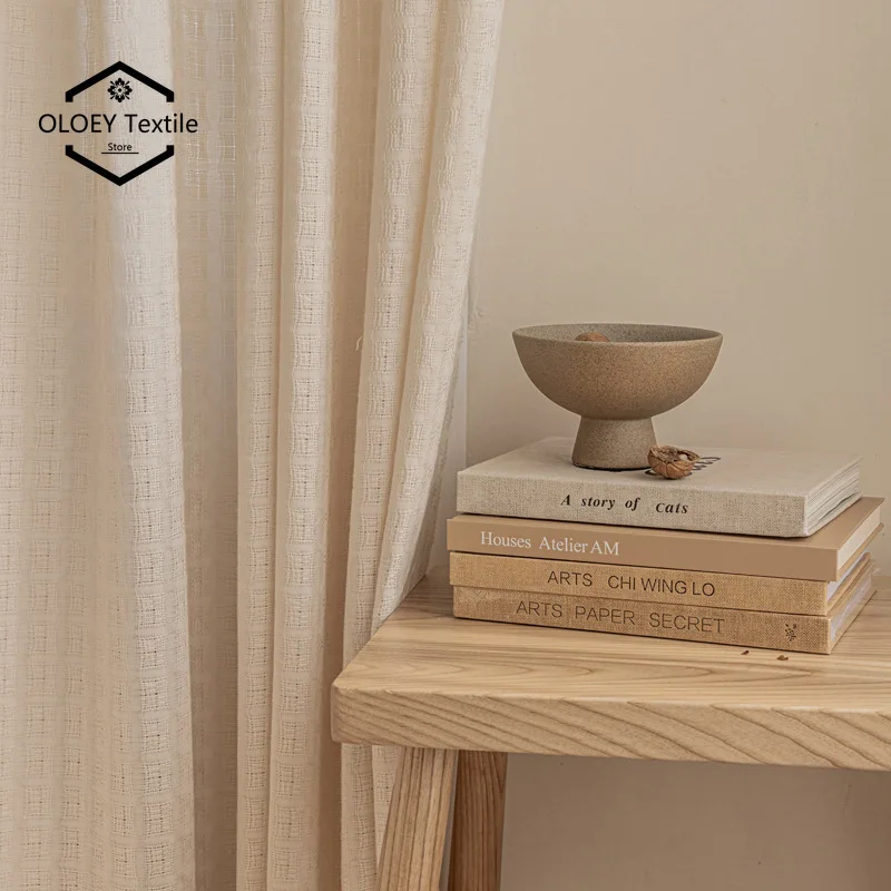 

Custom Size ！Japanese Linen Gauze Tulle Thickened Semi-shading Partition Curtain Grid Curtains for Living Dining Room Bedroom
