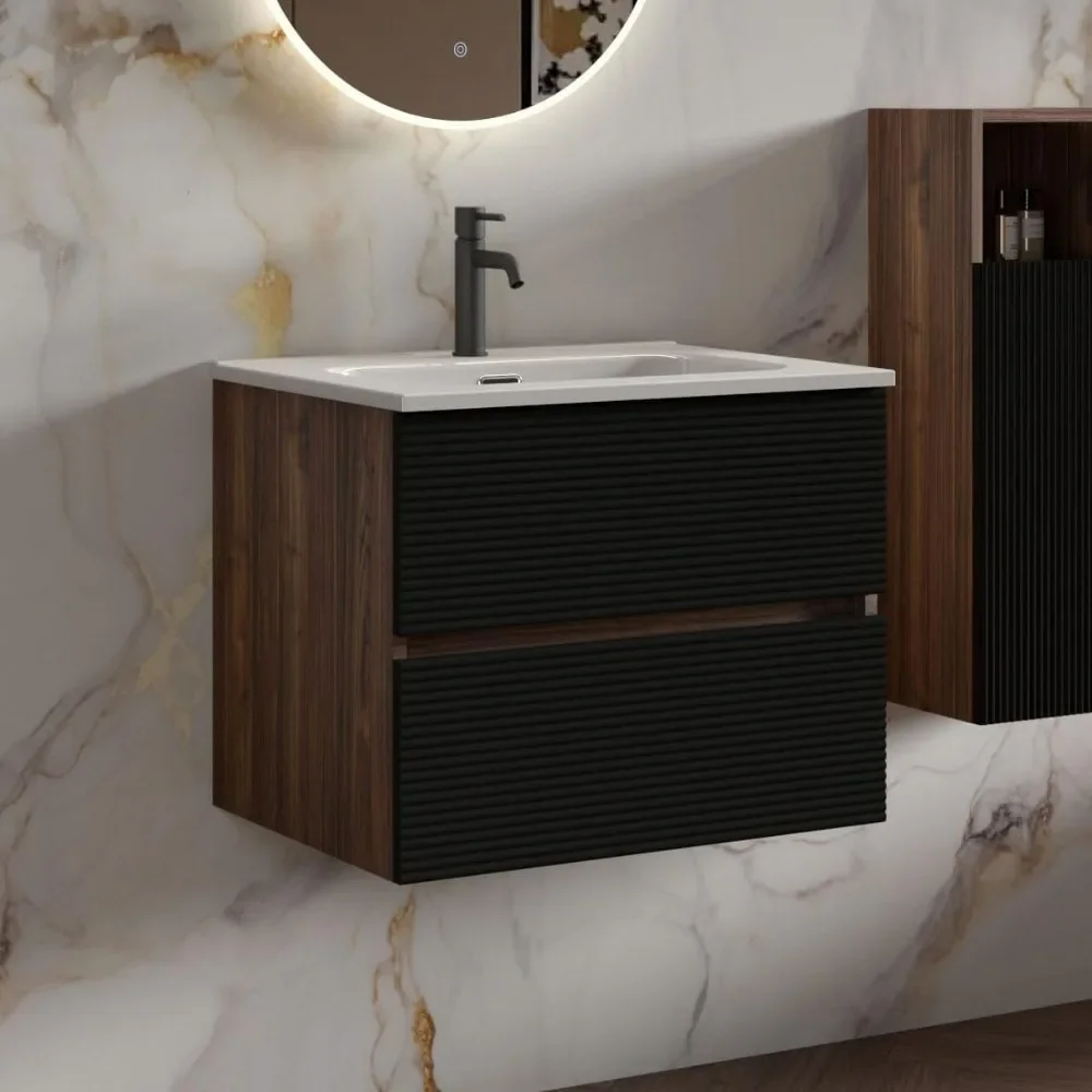 

Walnut & Black Floating Bathroom Vanity with Sink, Mid-Century Modern Bathroom Cabinet with Soft Close Drawers, Fully Assembled