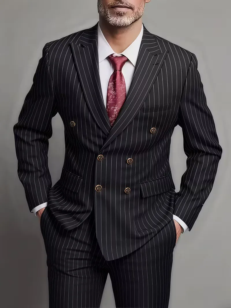 

Мужской костюм-двойка: двубортный, модный, приталенный дизайн, для жениха, свадебный, повседневный, из полосатой ткани