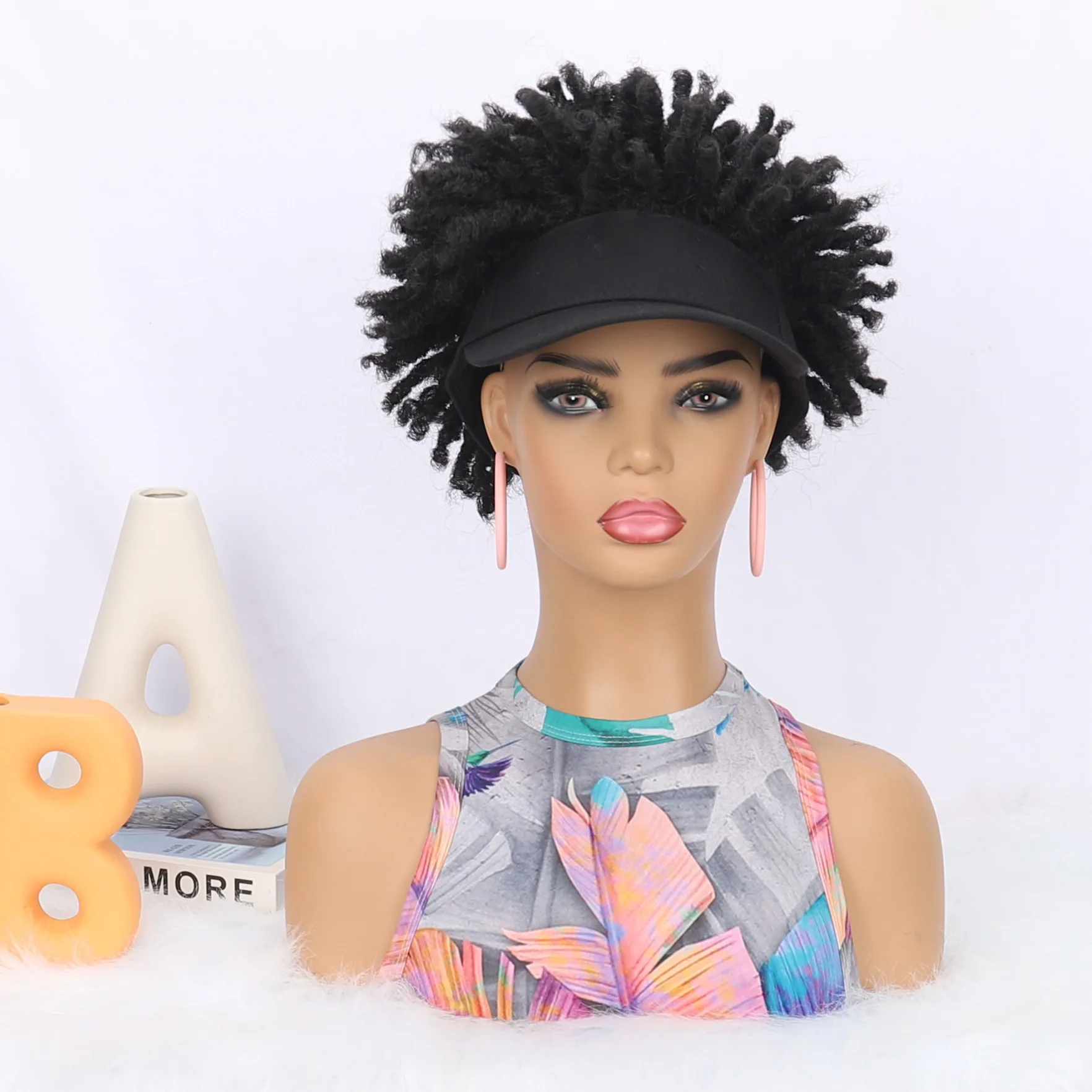 Synthetic Short Curly Wig Baseball Cap Style, Afro Puff Wavy Bangs, Cap Wig for Women, Costume Party Daily Wear, Easy Wear