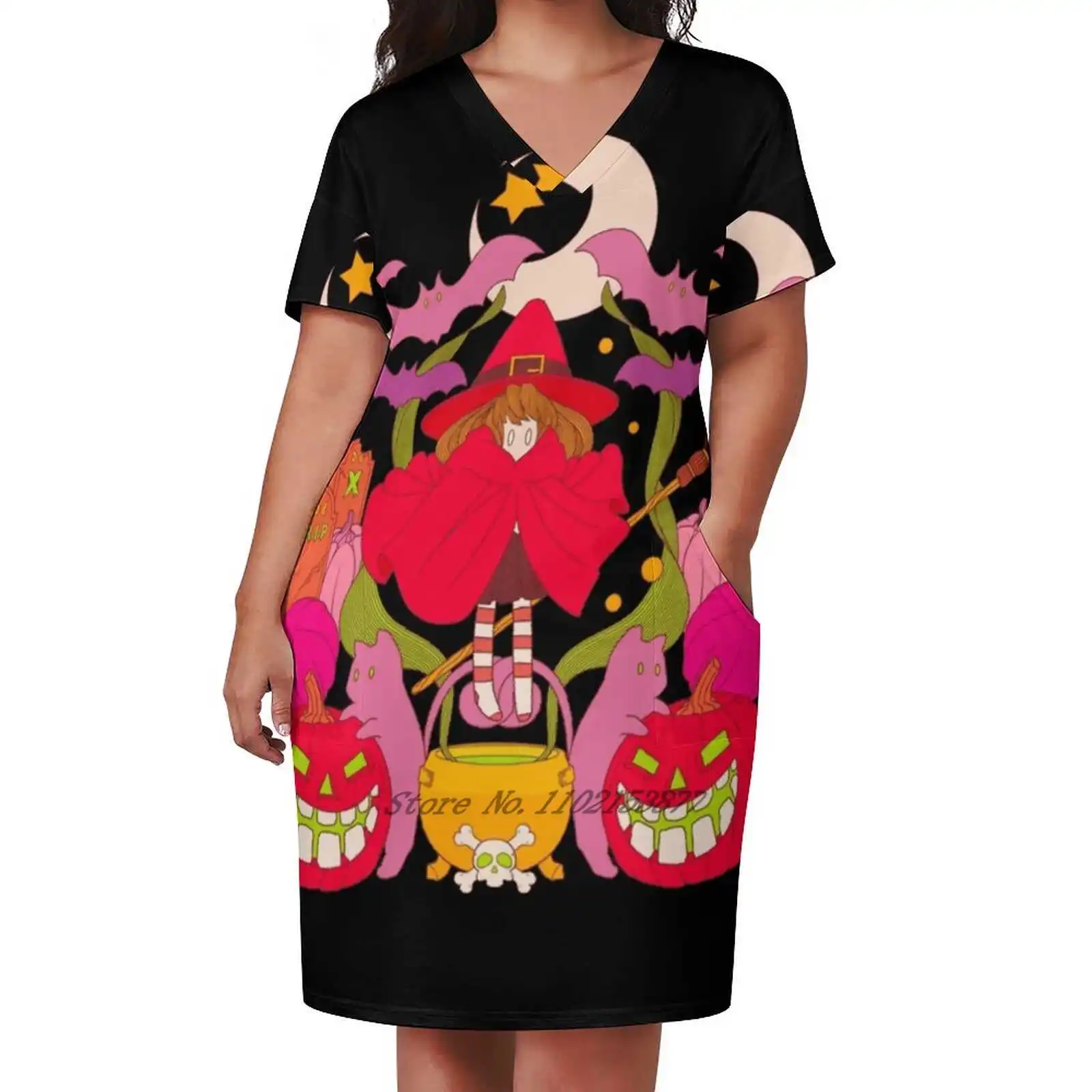 All Spooky And Red Loose Pocket Dress Fashion Print Dress Short Sleeve V-Neck A-Line Dress Halloween Witch Magic Pumpkin Cat